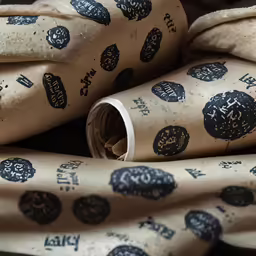 this is a pile of wrapping paper on top of a surface