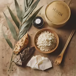 a wooden table topped with a bowl filled with rice