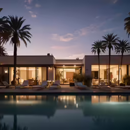 the lights are on at the house next to the pool