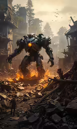 a giant robot is in the midst of destruction