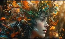a digital art painting of a woman wearing autumn leaves