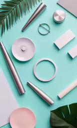 a laptop and office supplies on top of a blue surface