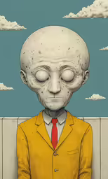 a painting of an alien in a yellow suit and red tie