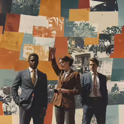 three business people on wall of photo with newspaper collage
