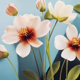 two light pink flowers on an aqua background