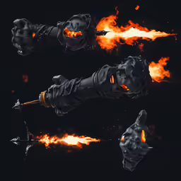 four flames and shapes of hands holding torches