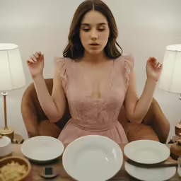 a woman is sitting down with plates, a lamp and other food