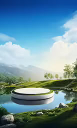 a white stone sculpture sitting in a field next to a lake