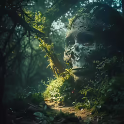 there is a large statue with a human face covered in vegetation