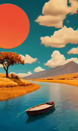 a boat floating on top of a lake with a large red sun in the background