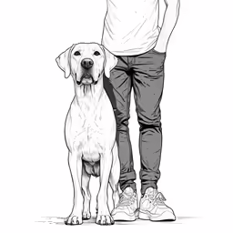 a man is holding his hand while standing with a dog