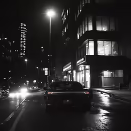 a car going down a very dark city street at night