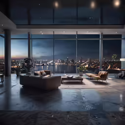 living room with city lights lit up from all sides