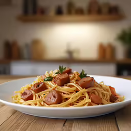 a plate with spaghetti and meat on top of it