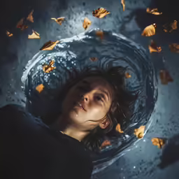 a girl with her head in the water surrounded by orange leaves