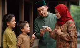 a man, woman and two children stand outside and check out a cell phone