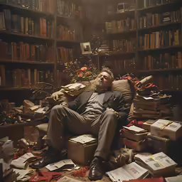 a man is lounging in an old chair next to a book case