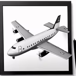 a white and black photo of a model jet airliner