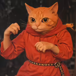 a cat in a red coat holds on to its arm and looks up