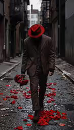 a man walking in the street with red petals scattered all over his feet