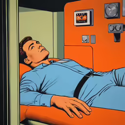 the man laying on the couch is wearing a blue shirt