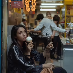 a woman in leather jacket sitting down eating