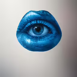 an eyeball shaped blue object has teary tears on its body