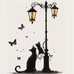 a cat sitting on top of a light post next to a butterfly