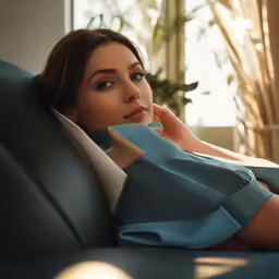 a woman sitting in a chair leaning against the back of a couch