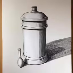 a pencil drawing of a trash can next to a pipe