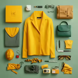 a set of yellow fashion items on a green surface