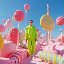 man standing among a giant candy land and marshmallow trees