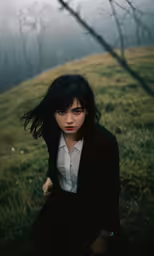 woman with black hair and white shirt on grassy area near grassy hill