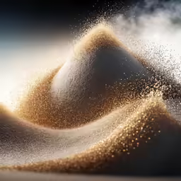 a group of rocks stacked together with sand blowing in the background