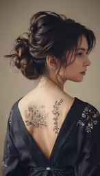 a woman with a flower on her back neck