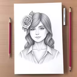 this is a pencil drawing of a girl with a rose in her hair,this pencil drawing shows a woman with a rose in her hair