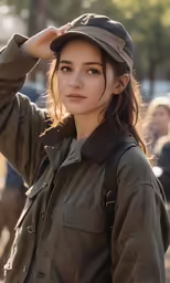 a woman with brown eyes is wearing a jacket and hat