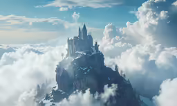castle towers on a mountain surrounded by clouds