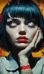the artwork shows an image of a woman with blue hair
