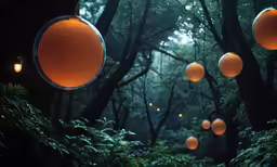 a group of round lanterns are strung in the woods