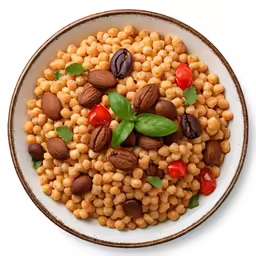a white bowl filled with nuts and vegetables