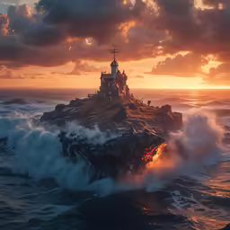 the tower of a castle is surrounded by crashing waves