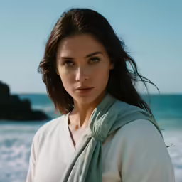 a girl is looking at the camera while standing on the beach