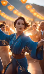 the woman wearing blue is dancing in the background