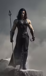 an illustration of a man in black is posing on a cliff