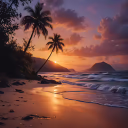 a palm tree on the shore of a beach during sunset