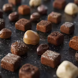 a tray full of chocolates and assorted candy pieces