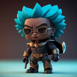 a small figurine with blue hair and a face