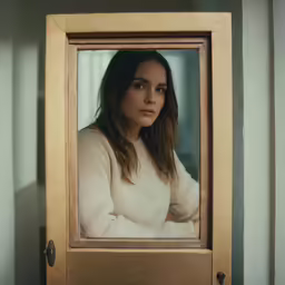 a young woman sitting down in front of a wooden door