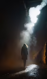 person walking in dark alley with bright light coming from building